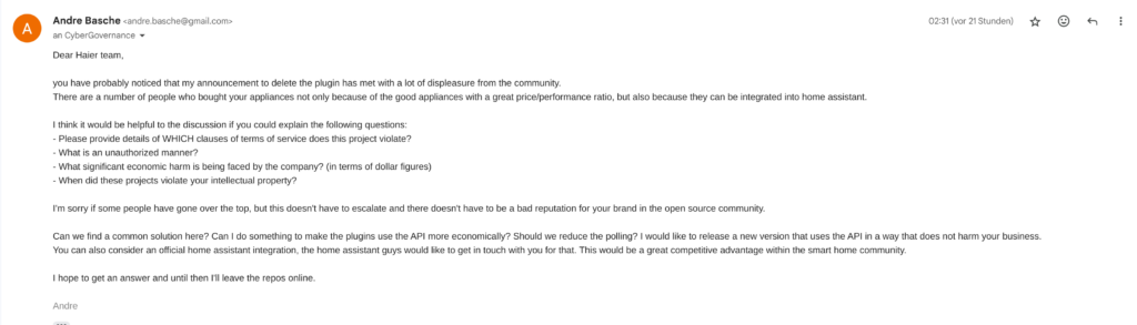 home assistant stelt compromis voor aan haier