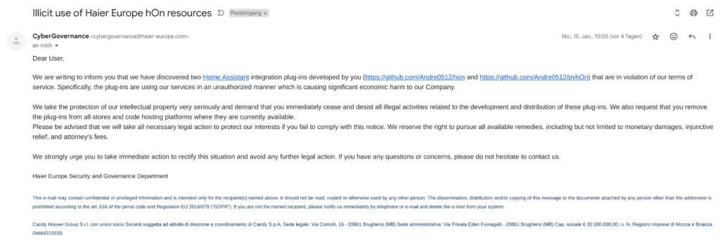 haier wilt plugin van home assistant weg